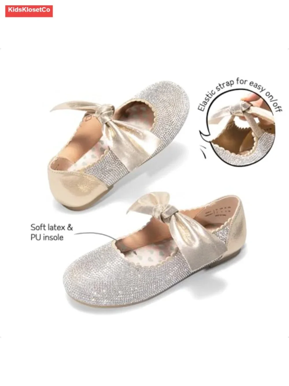 Girls Mary Jane Flats with Bow Rhinestone Sparkle Dress Shoes Elastic Strap